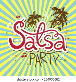 Inscription Salsa party with palms, music and confetti