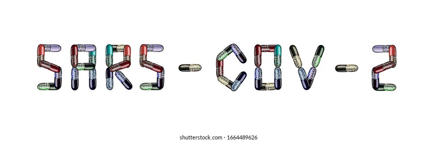 Inscription SARS-COV-2 (coronavirus) made of pills and medicines,cartoon vector text illustration isolated on white background