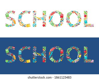 The Inscription School. Letering. School supplies, writing supplies. The inscription school supplies.Isolated on a white background. Isolated on a blue background.