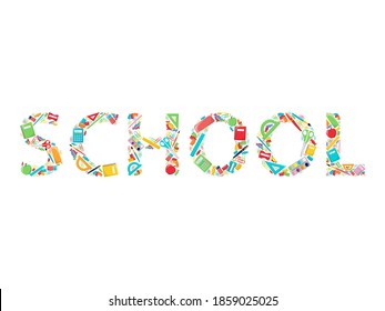 The Inscription School. Lettering. School supplies, writing accessories. The inscription of school supplies.Isolated on a white background