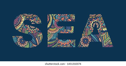 Inscription SEA in the style of abstract hand drawing. Letters with ornament