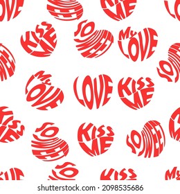 inscription seamless pattern: love, miss, happy valentine, kiss me. heart shape love sign, for valentine's day design, gift paper, textile, background fill