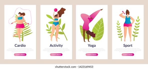 Inscription Set Cardio, Activity, Yoga and Sport. Flyer Girls Enjoy Delightful Nature and Improve their Health Inquiet Resort Location. Active Season Vacation, Vector Illustration.