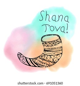 The inscription Shana Tova Hebrew. Rosh a Shana. Shofar in the style of doodle. On the watercolor stain. Hand drawing. Lettering. Vector illustration on isolated background