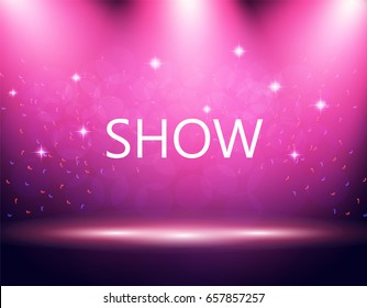 Inscription show. Illumination of the stage, podium, spotlights. Confetti is flying. Purple background. Vector illustration