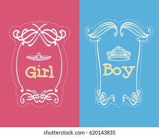 Inscription sign of child girl and boy. Princess and Prince  Crown . Frames with curls.