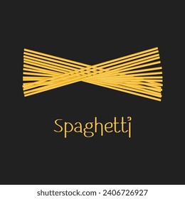 La inscripción Spaghetti y un montón de espagueti en un fondo oscuro. Logo de la comida, menú del restaurante. Vector