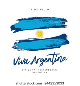 Inscription in Spanish - Viva Argentina - Independence Day of Argentina, July 9th. Argentine flag is hand-painted with a brush. Vector illustration on a white background.