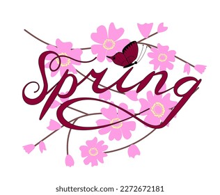 The inscription Spring, behind the inscription blooming cherry, at the top is a butterfly. Lettering. Vector graphics.