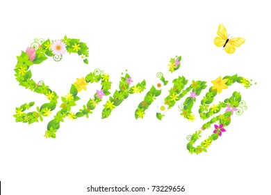 Inscription Spring From With Flower And Butterflies, Vector Illustration