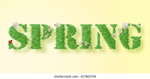 Inscription spring is in the form of grass. Ladybug.