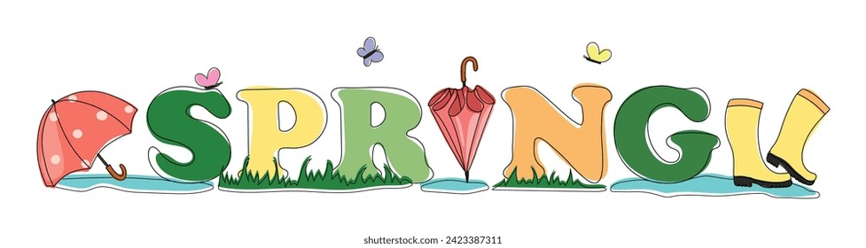 Inscription spring with grass, puddles, umbrellas and rubber boots. Spring bright banner, poster, background, offer. Colorful spring header with butterflies and greenery isolated on white background