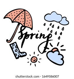 Inscription Spring in hand drawn style. Umbrella, rain cloud, watertight