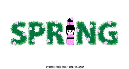 Inscription spring and Japanese Kokeshi doll. Vector illustration