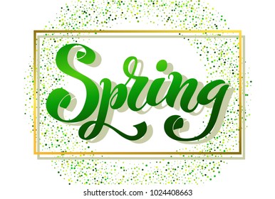 The inscription Spring. Modern brush calligraphy. Hand drawn design elements. Logos and emblems for invitation, greeting card, t-shirt, prints and posters. Vector illustration.