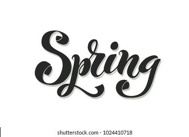 The inscription Spring. Modern brush calligraphy. Hand drawn design elements. Logos and emblems for invitation, greeting card, t-shirt, prints and posters. Vector illustration.