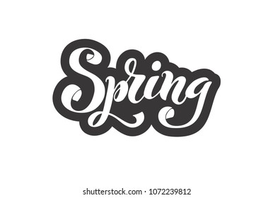 The inscription Spring. Modern brush calligraphy. Hand drawn design elements. Logos and emblems for invitation, greeting card, t-shirt, prints and posters. Vector illustration.