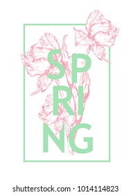 Inscription Spring on background with hand drawn flowers. Vector illustration.