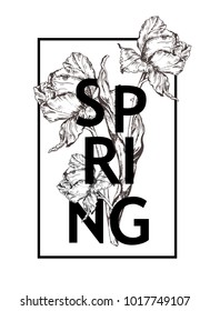 Inscription Spring on background with hand drawn flowers. Vector illustration.