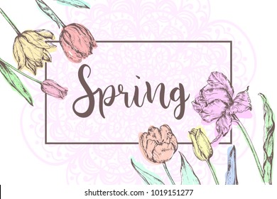 Inscription Spring on background with hand drawn flowers. Vector illustration.
