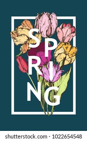 Inscription Spring on background with hand drawn flowers. Vector illustration.