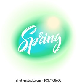 Inscription Spring on green background. Lettering Design Background.