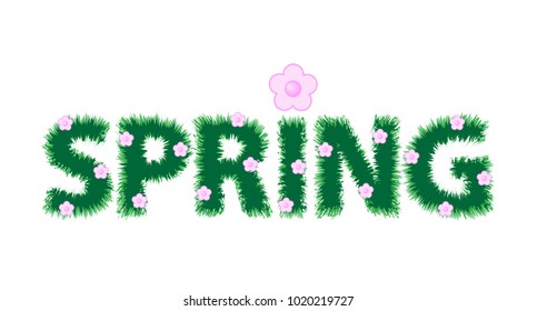 Inscription spring and pink flowers. Vector illustration