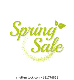 Inscription spring sale. Bright text with a circular green banner. Isolate on white background. Vector illustration template.