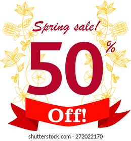 inscription Spring sale with fifty percents discount with floral ornament and red ribbon