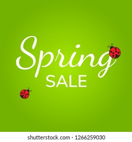 Inscription Spring Sale with ladybug. Vector banner. White inscription on a green background.