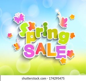 Inscription Spring sale on the background paper with butterfly and flowers and spring bokeh background. Vector.