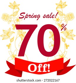 inscription Spring sale with seventy percents discount with floral ornament and red ribbon