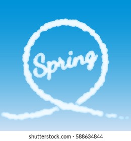 Inscription "Spring" stylized under clouds. Vector Illustration.
