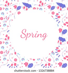 Inscription "Spring" surrounded by flowers. Bright seasonal design for banners or print on clothes.