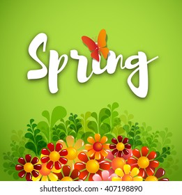 Inscription Spring Time with flowers. Spring floral background