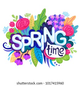 Inscription Spring Time on background with Colorful Flowers, Leaves and Grass. Floral Banner for Springtime Graphic Design. Blossoming Bouquet. Vector illustration.