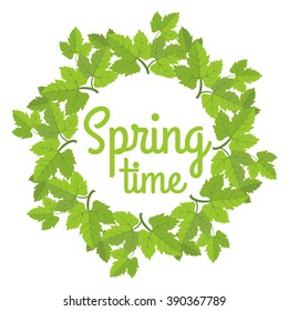 Inscription Spring Time on background with spring flowers.  Spring background design for spring .Words Spring with wreath, branches,leaves . Vector illustration 