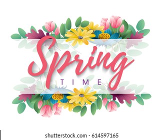 Inscription Spring Time on background with spring flowers