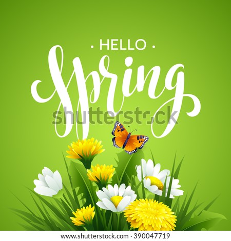 Inscription Spring Time on background with spring flowers