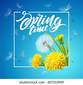 Inscription Spring Time. Vector dandelions with flying seeds on cloudy sky