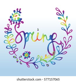 The inscription spring with twigs on blue background vector illustration. Hand drawn word. Cloth design, wallpaper, wrapping, textiles, paper, cards, invitations, holiday