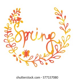 The inscription spring with twigs on white background vector illustration. Hand drawn word. Cloth design, wallpaper, wrapping, textiles, paper, cards, invitations, holiday