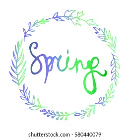 The inscription spring with twigs on white background vector illustration. Cloth design, wallpaper, wrapping, textiles, paper, cards, invitations, holiday