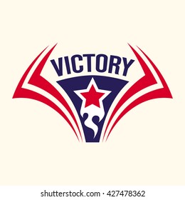 The inscription with the star of Victory with a torch surrounded by lightning. Sign, symbol, logo. Vector illustration.