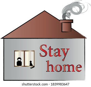 Inscription stay home in house and man with cat in window