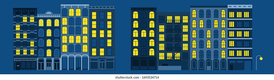 Inscription ' Stay Home '. Made from the Yellow Windows in the Blue Houses in the Evening. Vector Illustration. 