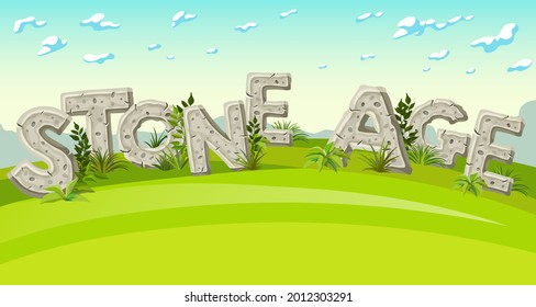 Inscription stone age in summer landscape. 3d writing with leaves and grass. Vector cartoon capital letters on background of mountains.