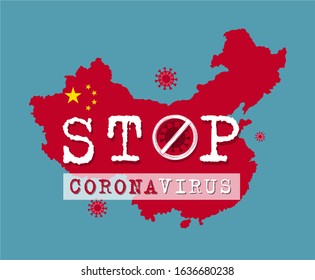 The inscription Stop coronavirus on the background of the map of China. Mers-CoV outbreak. Illustration on blue background.