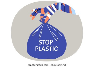 Inscrição pare o plástico no saco de lixo na mão de uma pessoa que pede preocupação em reduzir a poluição ambiental. Problema da falta de reciclagem de plástico que conduz às alterações climáticas