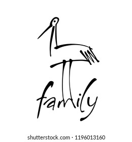 Inscription with a stork. Logo template for maternity hospital, social organization, kindergarten, children's home, support center for parents with children. Vector illustration. 